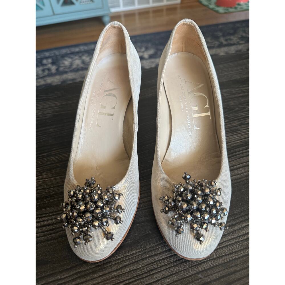 AGL Shimmer Light Gold Flower Beaded Heel Pumps Sz. 37